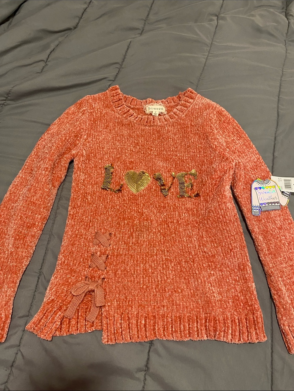 btween Coral-Orange Chenille 'LOVE' Sequin Sweater